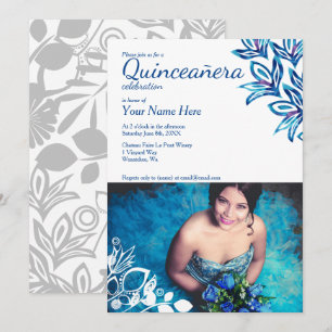 Floral bleu et blanc Quinceañera Photo Invitation
