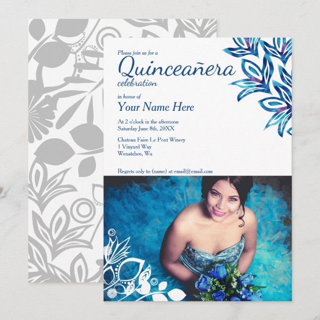 Floral bleu et blanc Quinceañera Photo Invitation (Devant / Derrière)