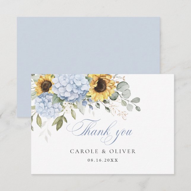 Floral bleu Hydrangea tournesol Mariage Merci (Devant / Derrière)