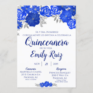 Floral bleu Quinceañera Invitation En Espagnol