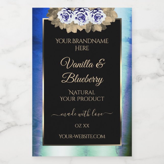 Floral Bleu Rose Noir Produit Étiquette Marbre Cad (Étiquettes simples)