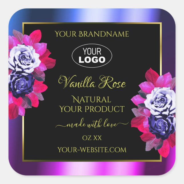 Floral bleu rose violet noir Étiquette Logo (Devant)