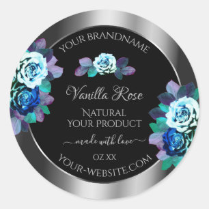 Floral Bleu Turquoise Rose Produit Étiquettes Noir