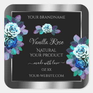 Floral Bleu Turquoise Rose Produit Étiquettes Noir