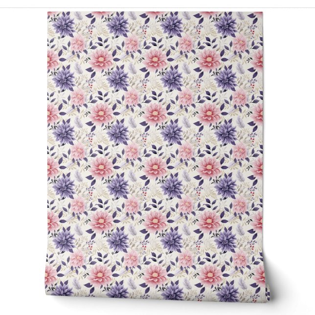Floral Bliss Mini - Purple, Pink, Beige - Glam Wallpaper (Unrolling)