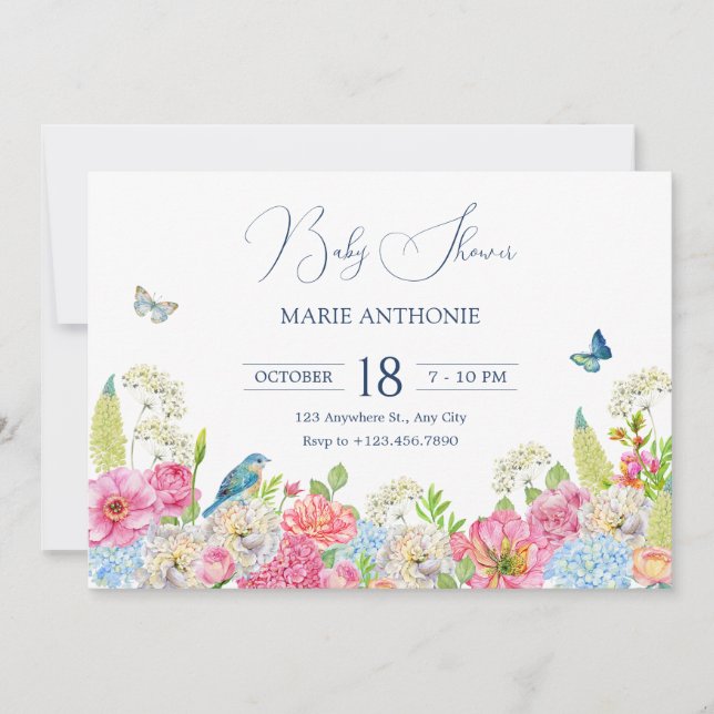 Floral Bloom blue green pink spring baby shower Invitation (Front)