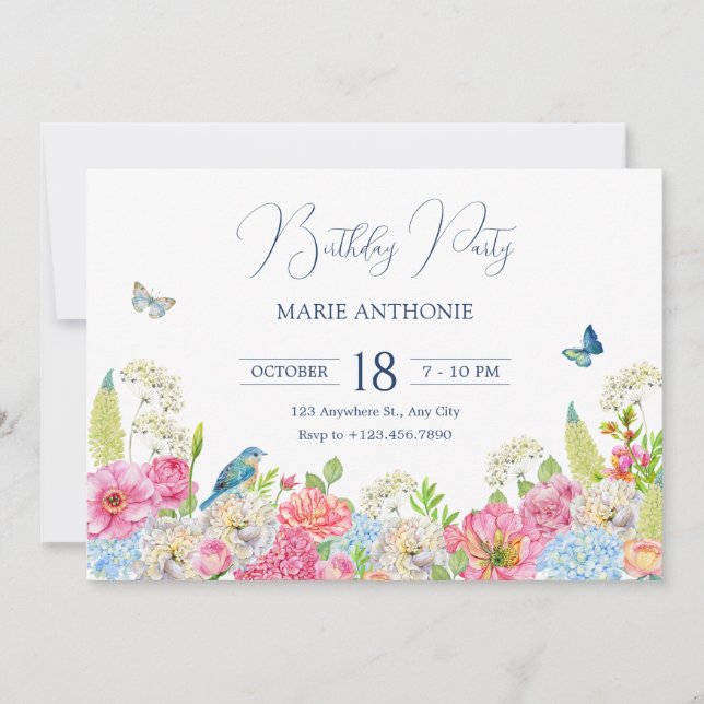Floral Bloom blue green pink spring birthday Invitation (Front)