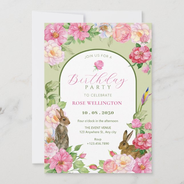 Floral bloom bunny birthday invitation (Front)