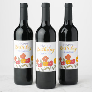 Floral Bloom Colourful Happy Birthday Grandma Part Wine Label