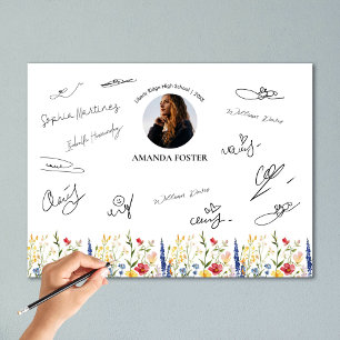 Floral Bloom Photo Graduation Party Signature Poster