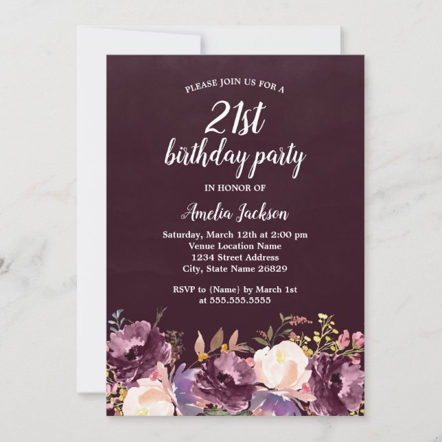 Floral Bloom Purple 21st Birthday Party Invitation (Front)