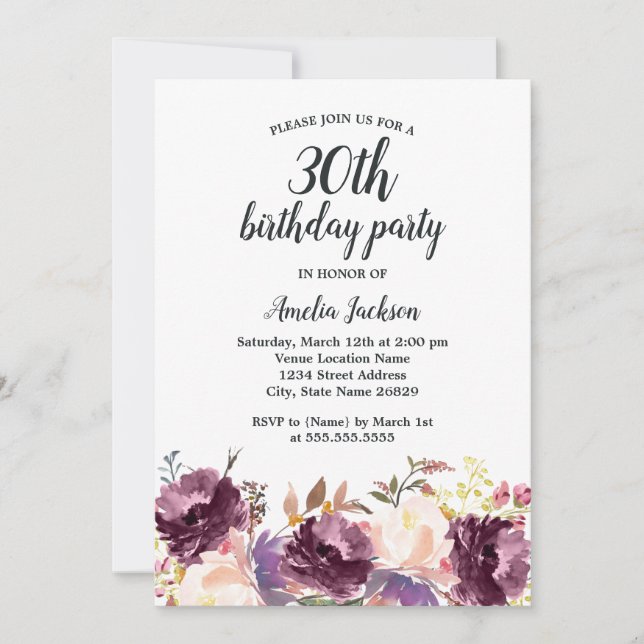 Floral Bloom Purple Watercolor 30th Birthday Party Invitation (Front)