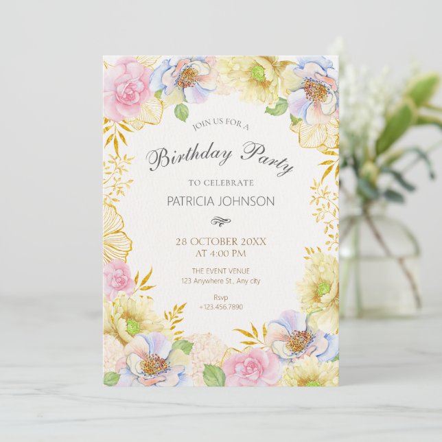 Floral bloom soft colour birthday invitation (Standing Front)