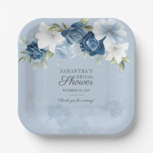 Floral Bloom Watercolor Dusty Blue White Flowers Paper Plate