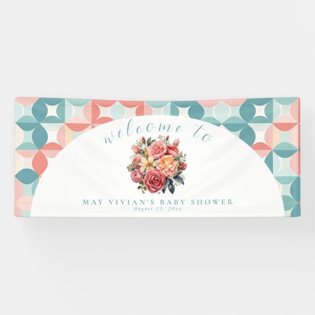 Floral Bloom Watercolor Tile Baby Shower Welcome Banner (Horizontal)