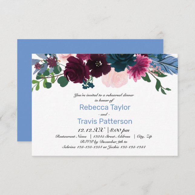 Floral Blooms Blue - 3x5 Rehearsal Dinner Invitation (Front/Back)