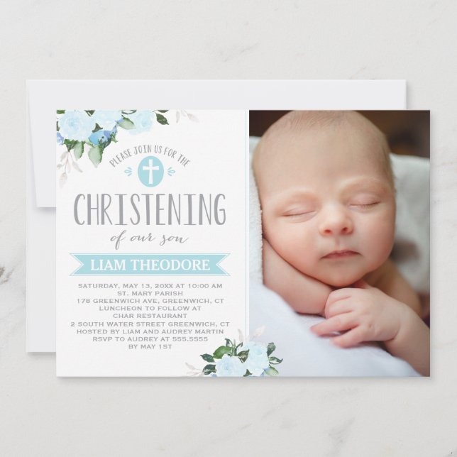 Floral Blooms Blue | Christening Invitation (Front)