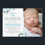 Floral Blooms Blue | Christening Invitation<br><div class="desc">Customizable Christening invitation with photo featuring watercolor flowers.</div>