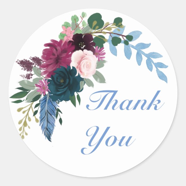 Floral Blooms Blue Thank You - Circle Sticker (Front)