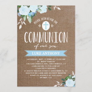 Floral Blooms Burlap Blue Communion Invitation