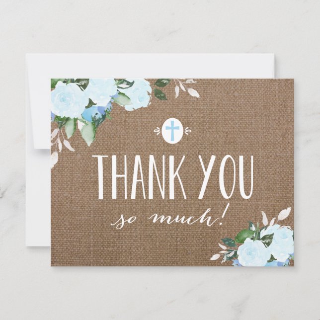 Floral Blooms Burlap Blue Religious Thank You Card (Front)