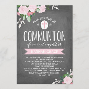 Floral Blooms Chalkboard   Communion Invitation