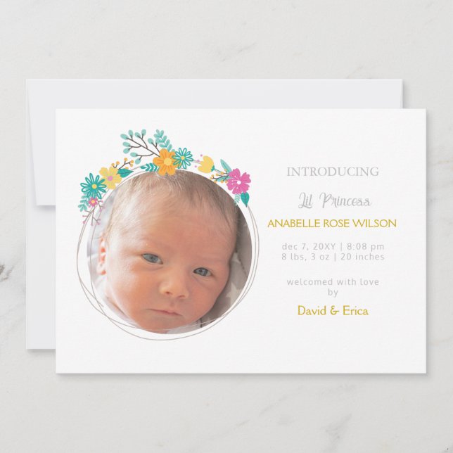 Floral Blooms Cute Girl Photo Birth Announcement (Front)