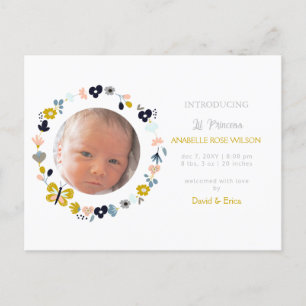 Floral Blooms Cute Girl Photo Birth Announcement