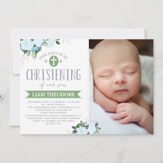 Floral Blooms Green | Christening Invitation (Front)