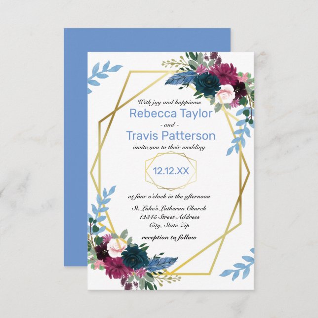 Floral Blooms Mod Blue - Faire-part de mariage 3X5 (Devant / Derrière)
