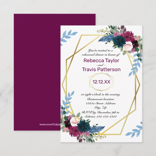 Floral Blooms Mod Plum V - 3x5 Rehearsal Dinner Invitation (Front/Back)