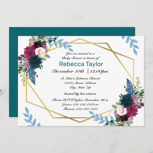 Floral Blooms Mod Teal - Baby Shower Invitation (Front/Back)
