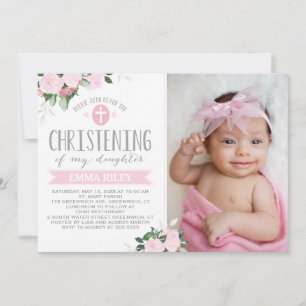 Floral Blooms Pink   Christening Invitation
