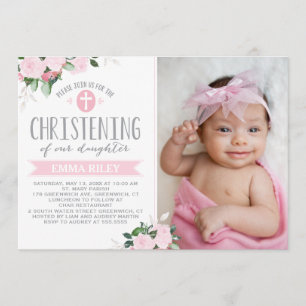 Floral Blooms Pink   Christening Invitation
