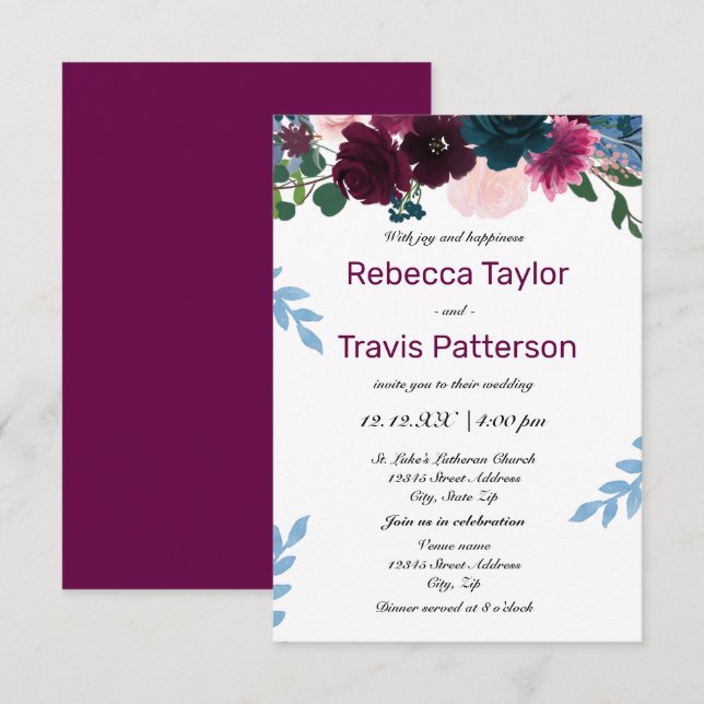 Floral Blooms Plum - 3x5 Wedding/Reception Invite (Front/Back)