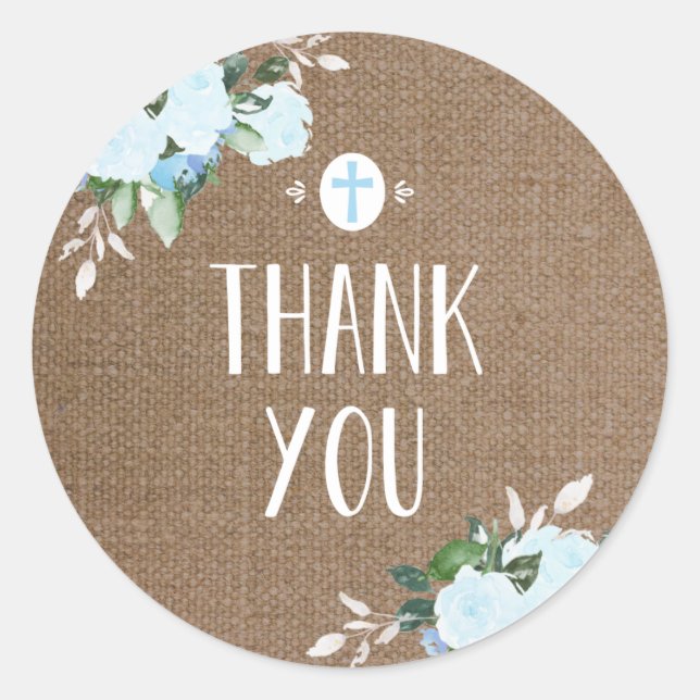 Floral Blooms Religious Thanks Sticker Burlap Blue (Front)