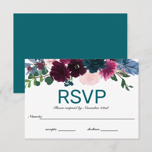 Floral Blooms Teal - RSVP Invitation (Front/Back)
