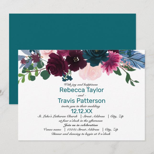 Floral Blooms Teal - Wedding/Reception Invitation (Front/Back)