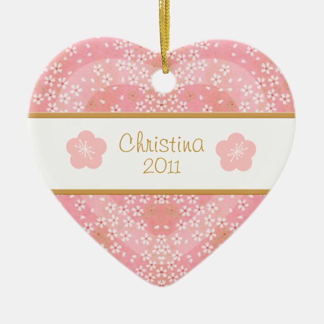 Floral Blossom Heart Name and Photo Ceramic Ornament (Front)