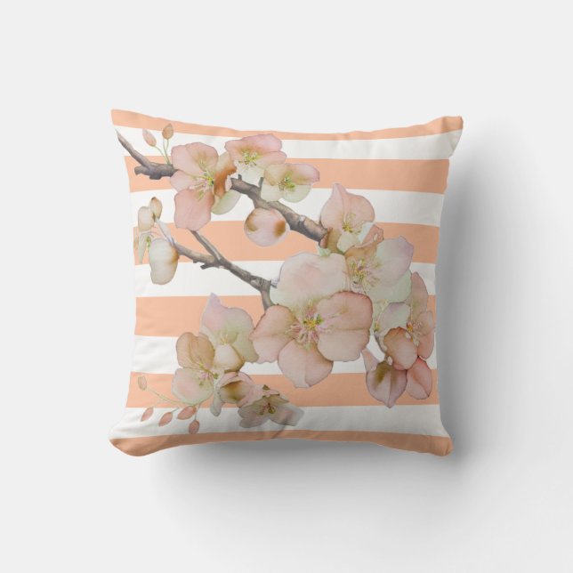 Floral blossoms soft orange peach white strips outdoor pillow (Front)