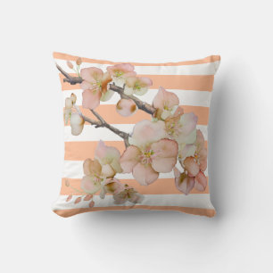 Floral blossoms soft orange peach white strips throw pillow