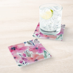 Floral Blossoms Watercolor Pink Flowers Painted Glass Coaster