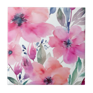 Floral Blossoms   Watercolor Pink Flowers Painted Tile