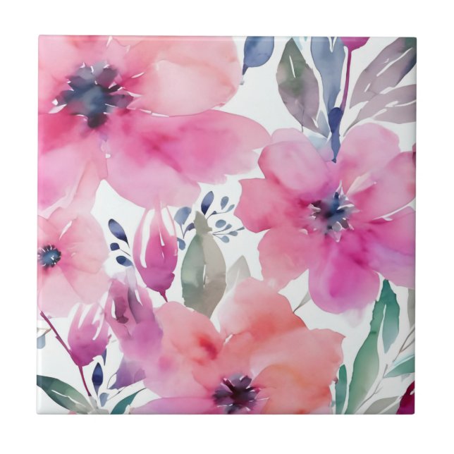 Floral Blossoms | Watercolor Pink Flowers Painted Tile (Front)