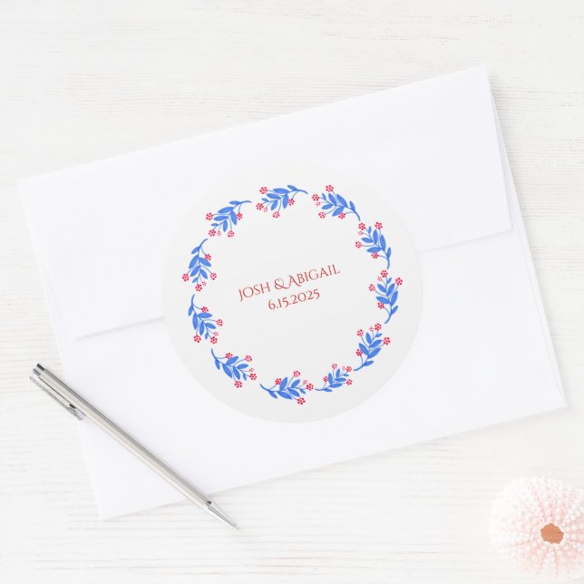 floral blue and red wreath classic round sticker (Envelope)