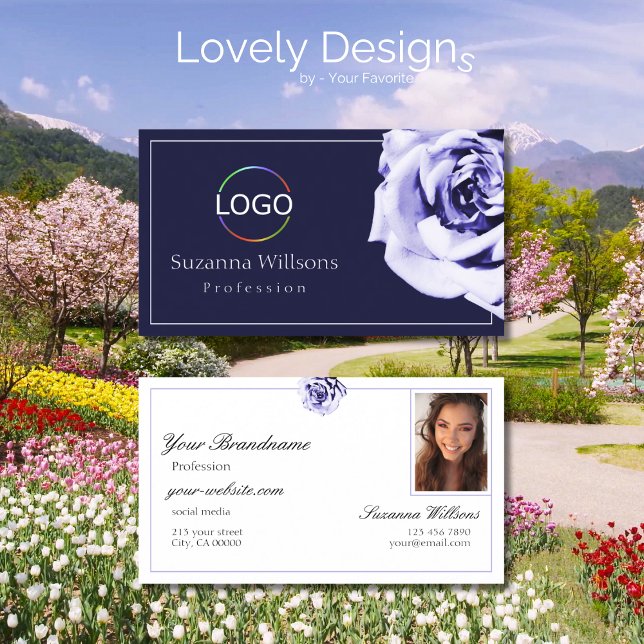 Floral Blue and White Cute Rose with Logo Photo Business Card (Creator Uploaded)