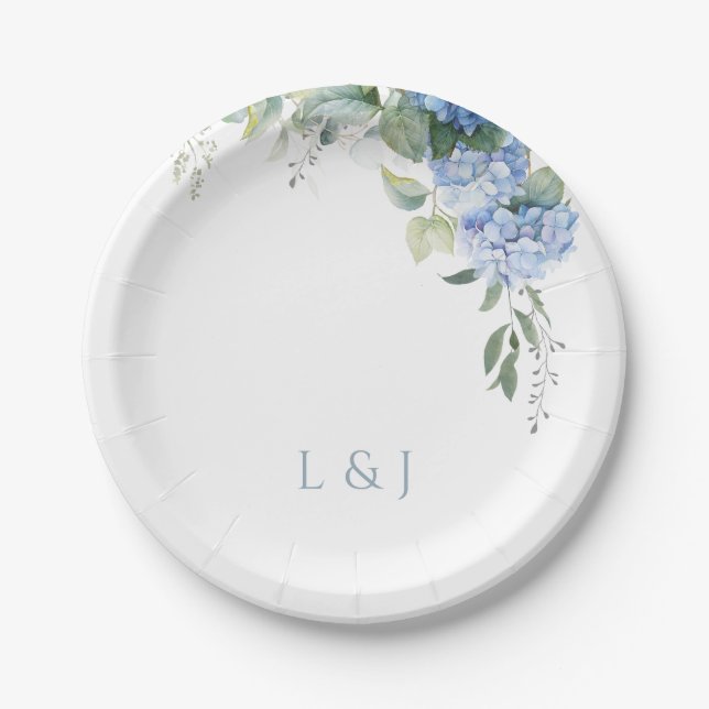  Floral Blue  and White Hydrangea Event Wedding  Paper Plate (Front)