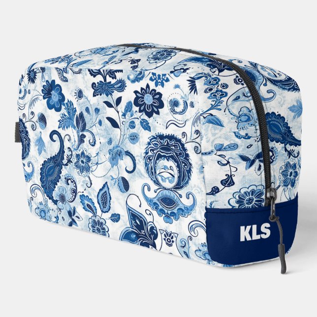 Floral Blue and White Paisley Monogram Personalize Dopp Kit (Right Corner)