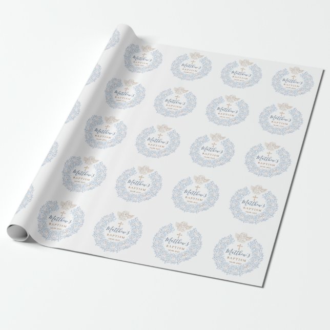 Floral Blue Baby Angel Cross Baptism Wrapping Paper (Unrolled)