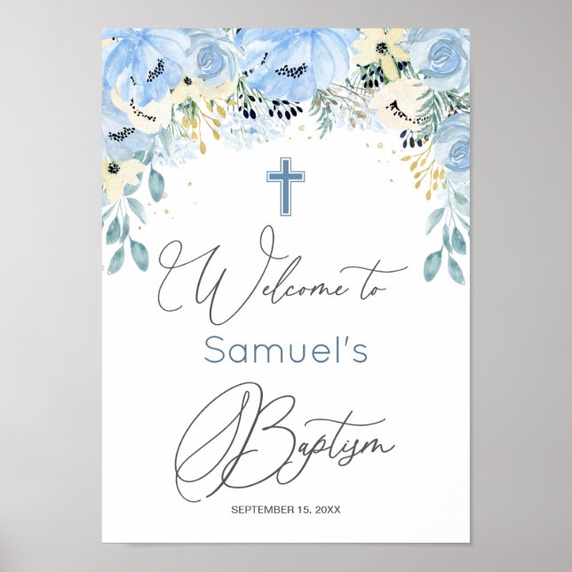 Floral Blue Baby Boy Baptism Poster (Devant)